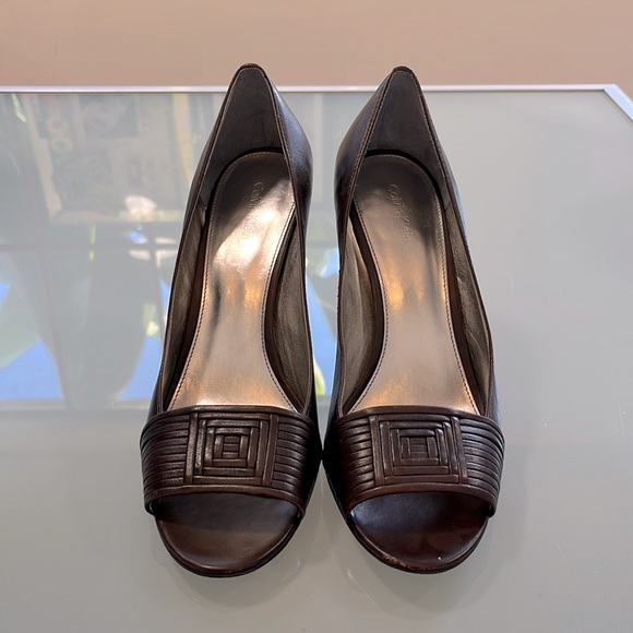 Calvin Klein “Katell” open toe pumps 9.5 brown 3.75” heel - Picture 2 of 5